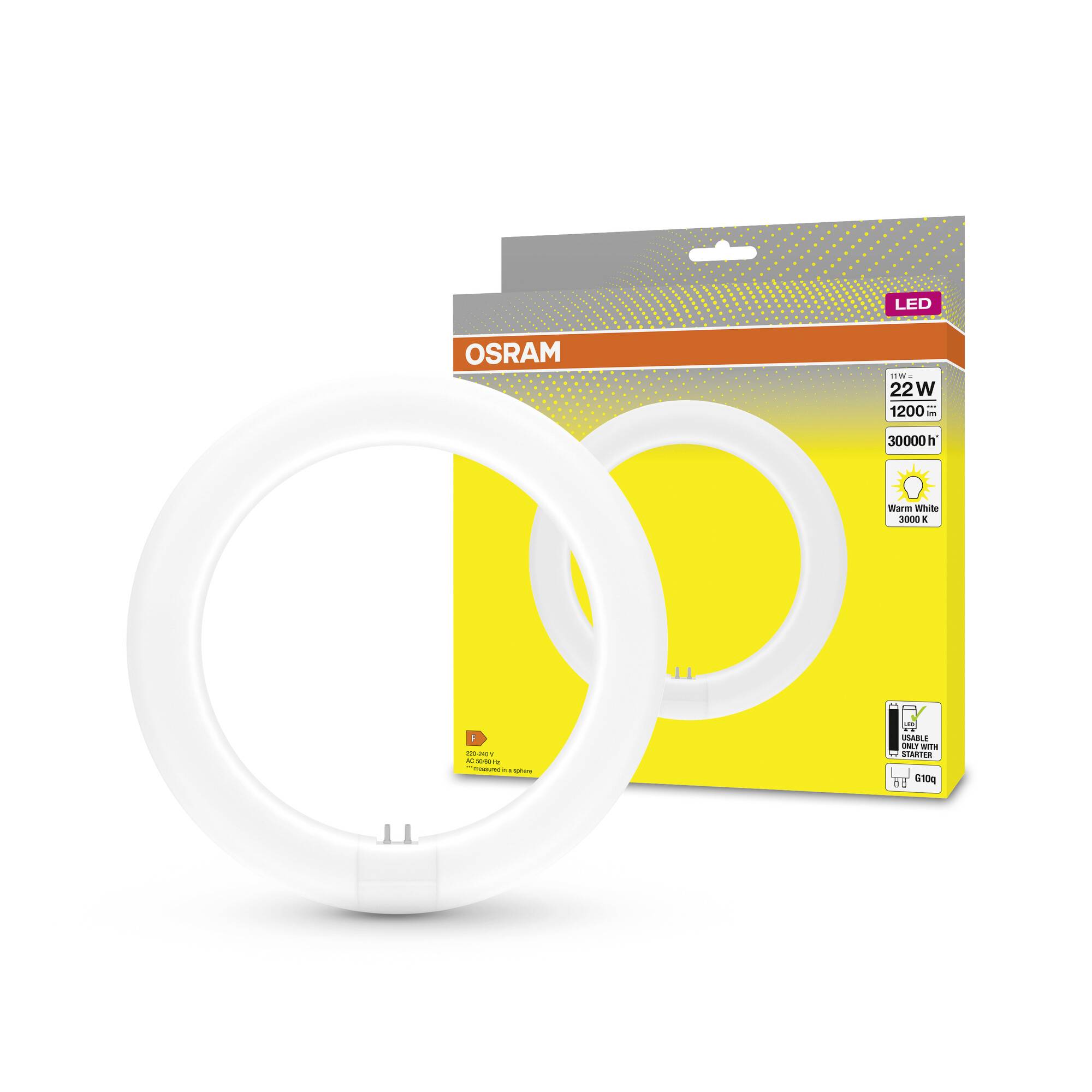 LED lamp by OSRAM, ring-shaped, 22W, 1200 lumens, warm white 3000K. Packaging displays product image and technical specifications.