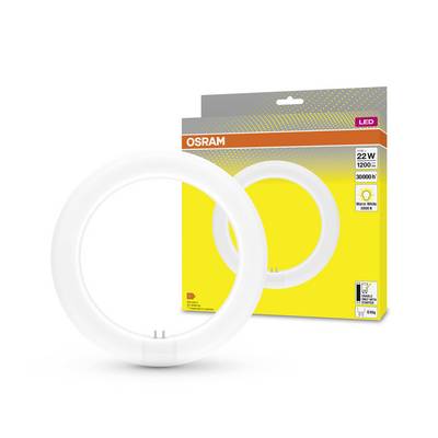 LED lamp by OSRAM, ring-shaped, 22W, 1200 lumens, warm white 3000K. Packaging displays product image and technical specifications.