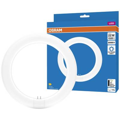 A round LED lamp from OSRAM with 22 watts. The packaging shows technical details: 1320 lumens, 30,000 hours lifespan, light colour 'Cool Daylight' 6500 K.