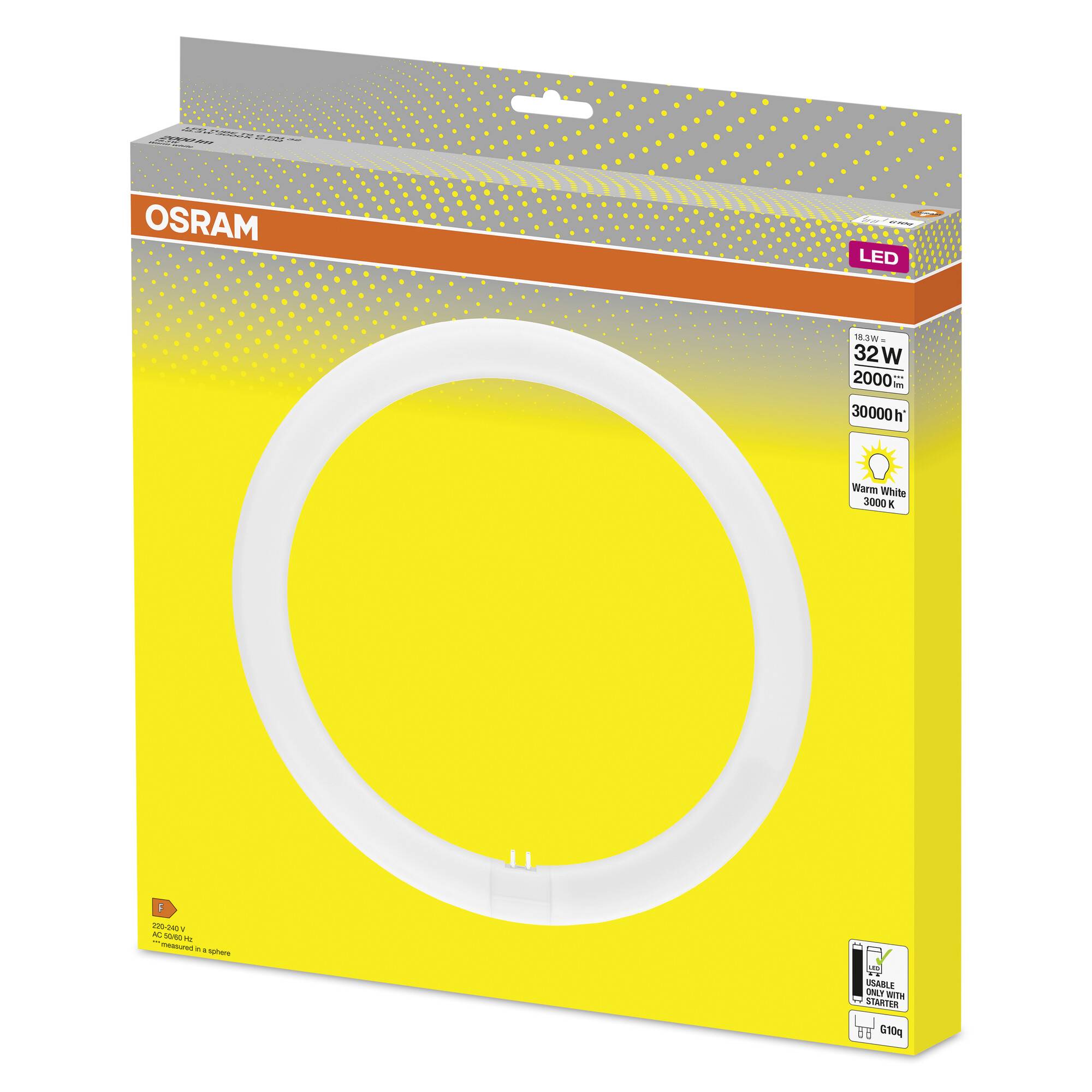 Packaging of an OSRAM LED ring light with 32W power. Yellow background shows energy efficiency class and lumen specification.