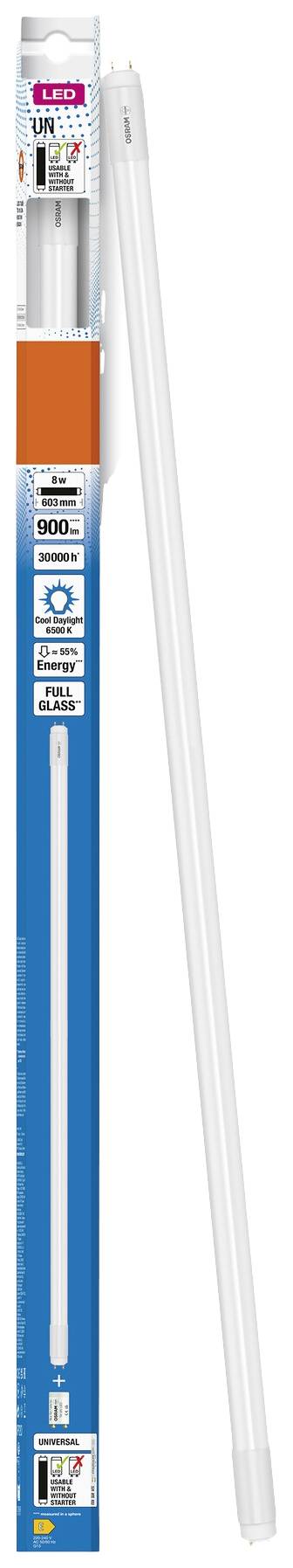 Packaging of an LED fluorescent tube. Details show energy efficiency, 900 lumens, cool white light, 11 watts, 25,000 hours lifetime.