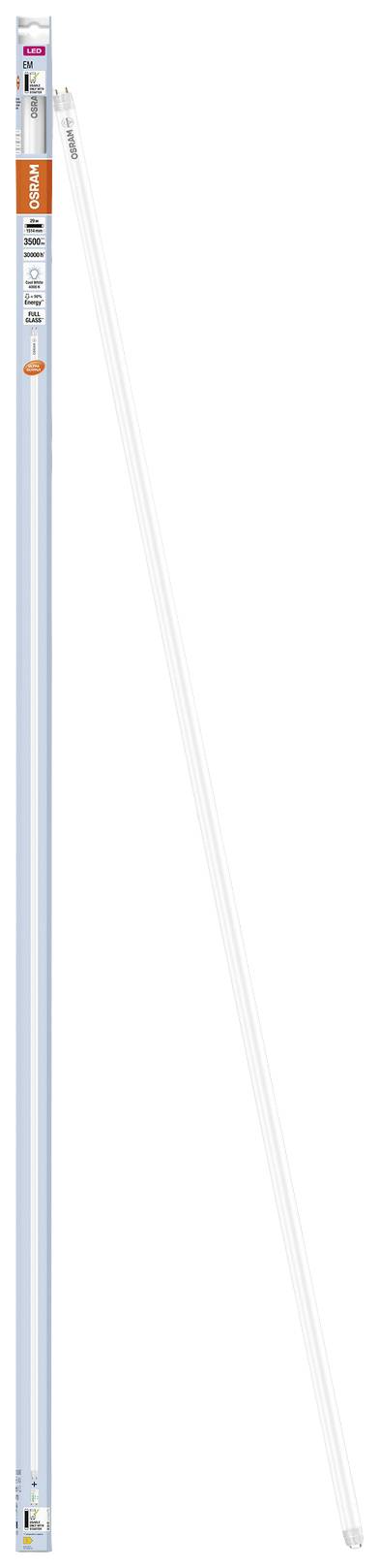 A long, slender fluorescent tube in packaging. Packaging shows 'OSRAM Lumilux Cool White'.
