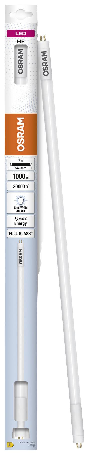 LED fluorescent tube in an 'OSRAM' branded package. Details: 10 watts, 1050 lumens, 3000 Kelvin, warm white light.