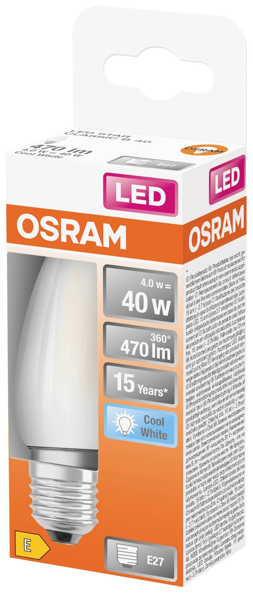 Packaging of an Osram LED light bulb. Power: 40 Watts, 470 Lumens, Colour Temperature: Cool White, Fitting: E27, Lifespan: 15 Years.