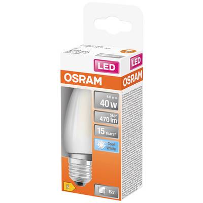 Packaging of an Osram LED light bulb. Power: 40 Watts, 470 Lumens, Colour Temperature: Cool White, Fitting: E27, Lifespan: 15 Years.