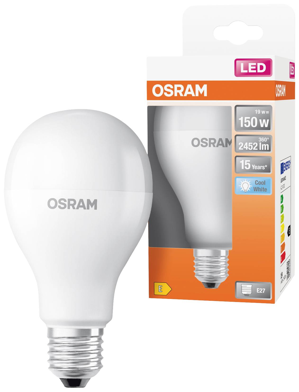 Osram LED light bulb with E27 Edison screw base, 10 watts, 2452 lumens, cool white, packaged in a colourful box. Energy efficiency class E.