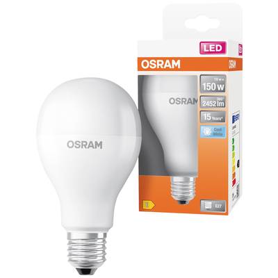 Osram LED light bulb with E27 Edison screw base, 10 watts, 2452 lumens, cool white, packaged in a colourful box. Energy efficiency class E.