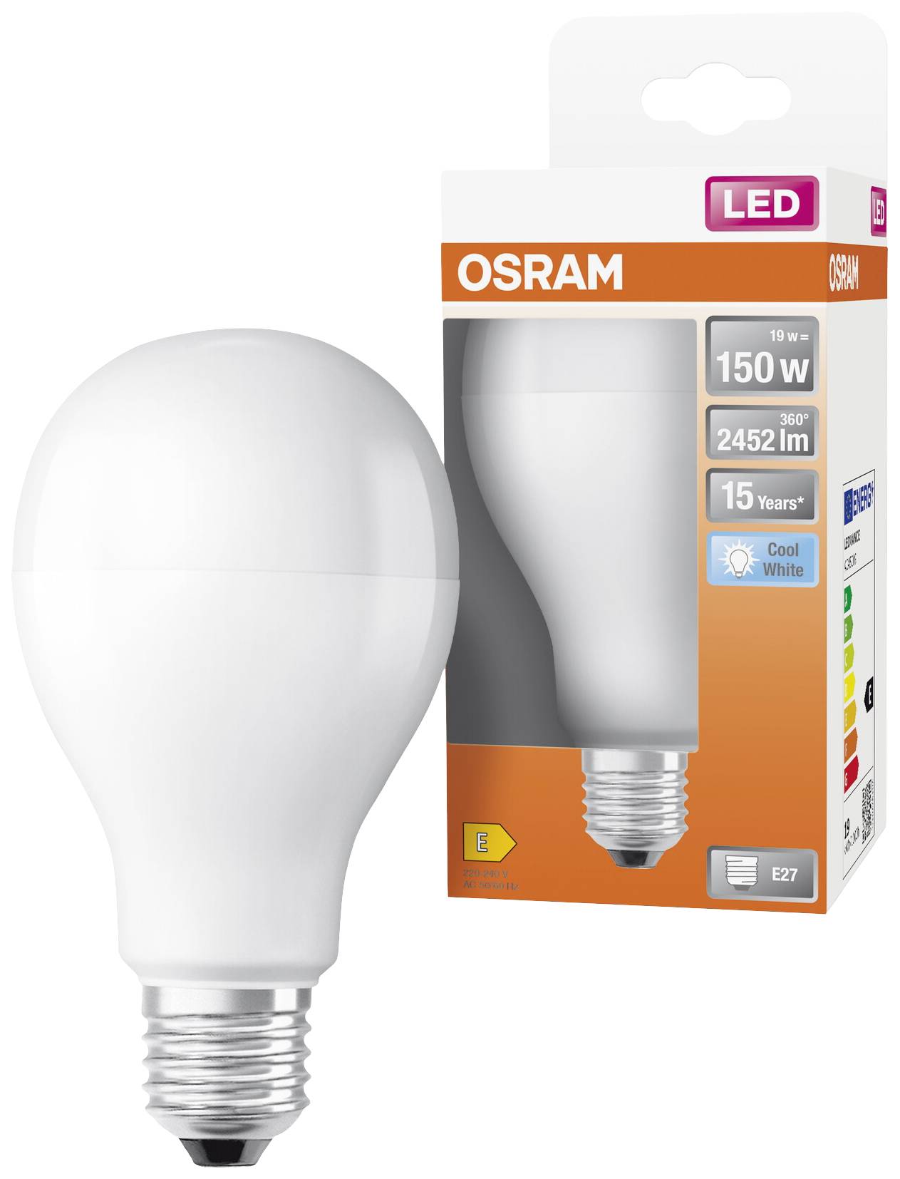 An Osram LED light bulb in its packaging. Details: 150 W, 2452 lumens, 360°, Cool White, 15-year lifespan, Energy Class B.