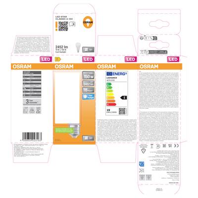 Layout of OSRAM LED light bulb packaging dielines showing front, back, side panels, product specs, barcode, and energy label.<br>
