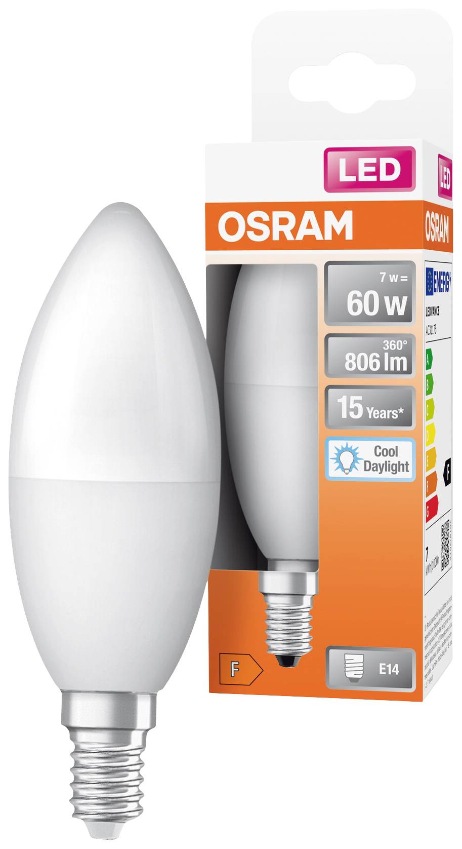 An Osram LED lamp with an E14 fitting, 7W, 806 lumens, equivalent to a 60W incandescent bulb, with 'Cool Daylight' colour temperature, lasting 15 years.