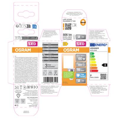 Three OSRAM LED bulb package dielines with front, back, and side panels, showing product labels, energy ratings, wattage, lumens, and QR codes.