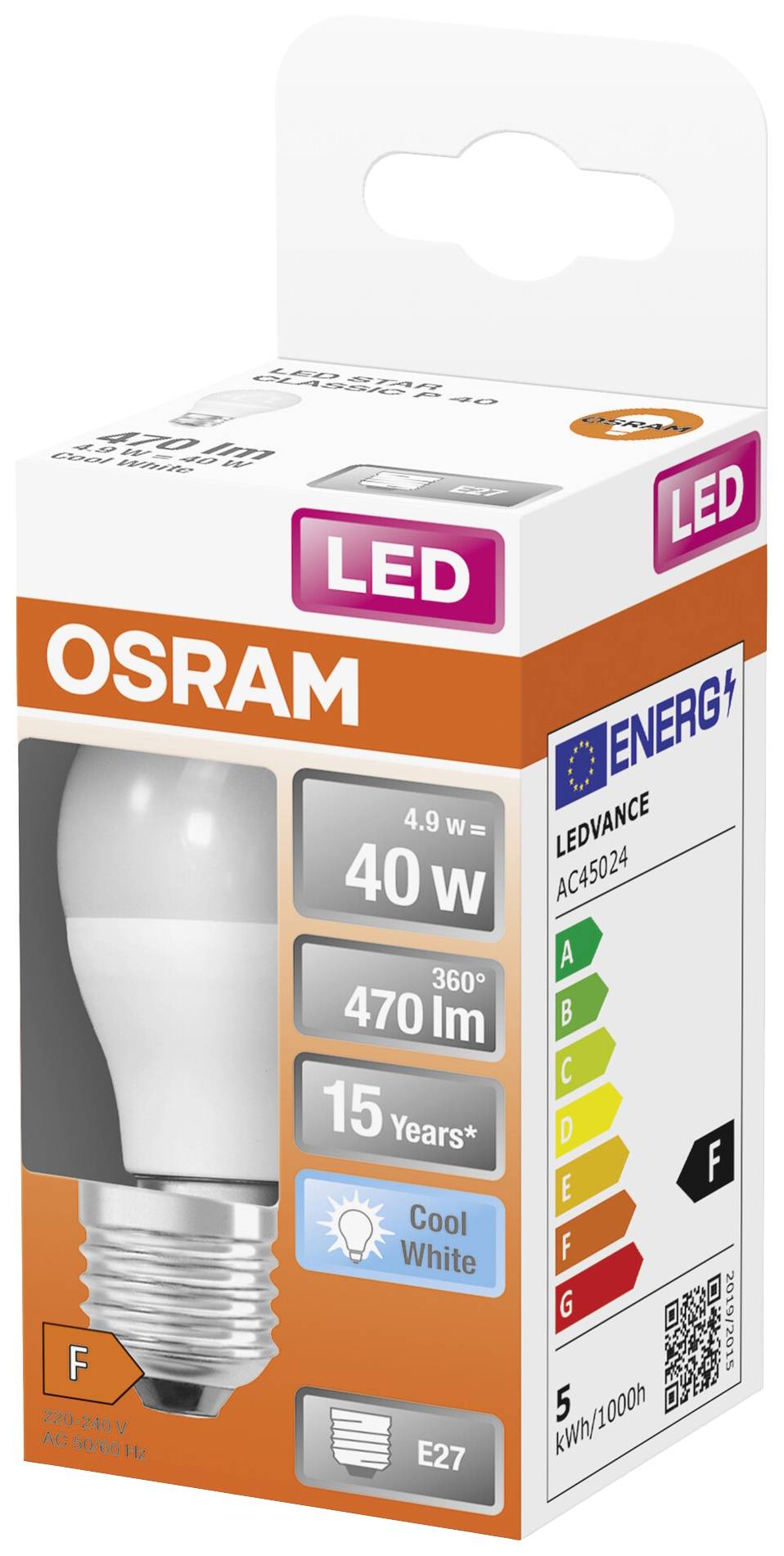 Packaging of an OSRAM LED Lamp, 40W Replacement, 470 Lumens, 15-Year Lifespan, Cool White, Energy Efficiency Class F, E27 Base.