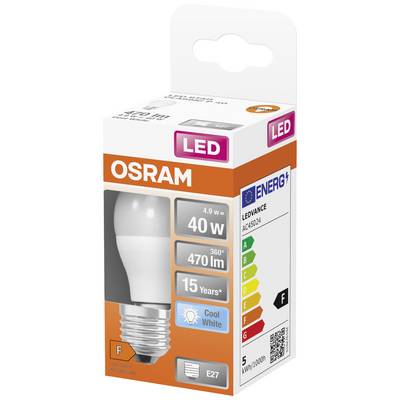 Packaging of an OSRAM LED Lamp, 40W Replacement, 470 Lumens, 15-Year Lifespan, Cool White, Energy Efficiency Class F, E27 Base.