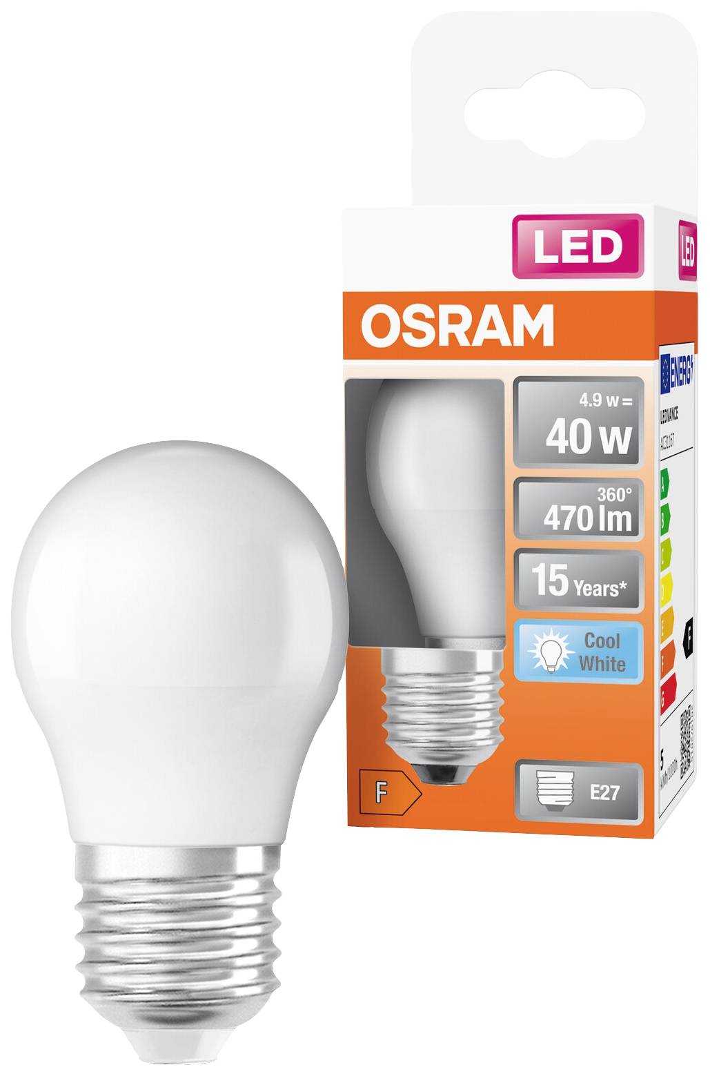 An Osram LED light bulb with packaging. Details: 40W, 470 lumens, 15 years, E27 fitting, cool white light colour.