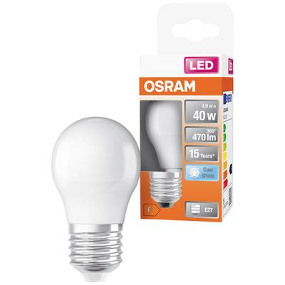 An Osram LED light bulb with packaging. Details: 40W, 470 lumens, 15 years, E27 fitting, cool white light colour.