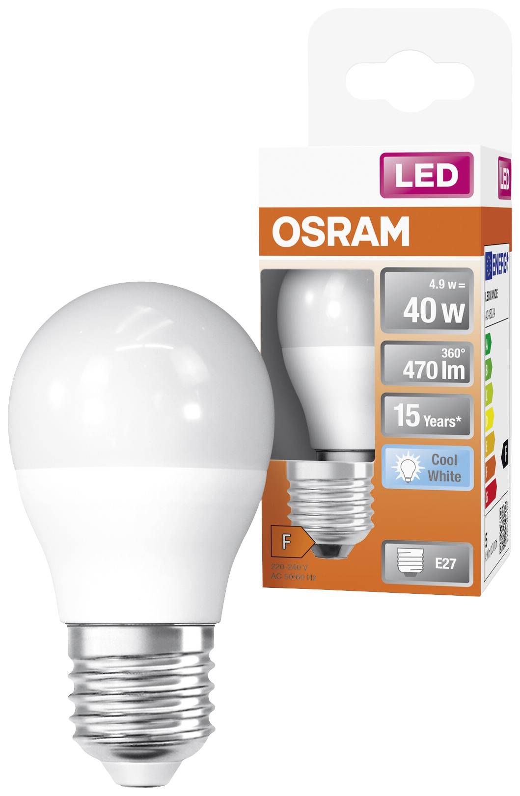 An OSRAM LED light bulb next to a package with specifications: 4.9 W, 470 lumens, 15 years, E27 fitting.