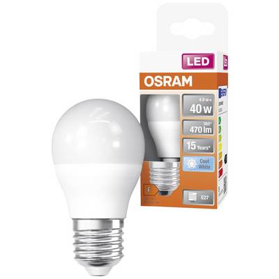 An OSRAM LED light bulb next to a package with specifications: 4.9 W, 470 lumens, 15 years, E27 fitting.