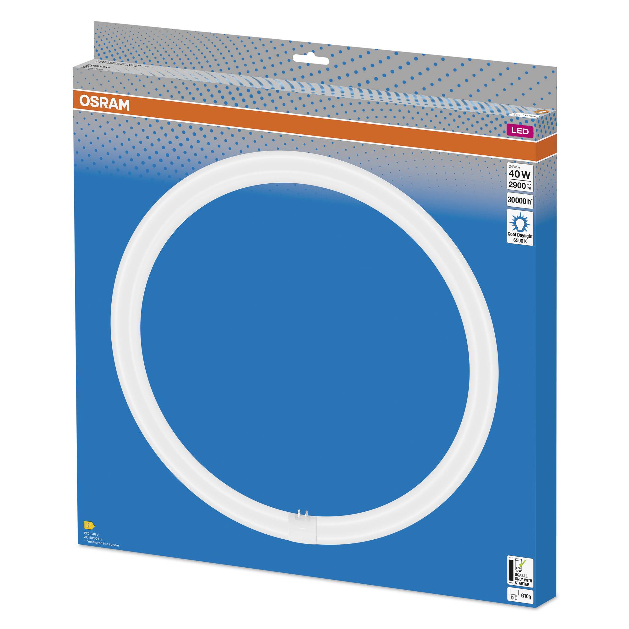 Round LED fluorescent ring in a blue OSRAM packaging. 40 watts, 230 V, energy rating F, with a lifespan of 30,000 hours.