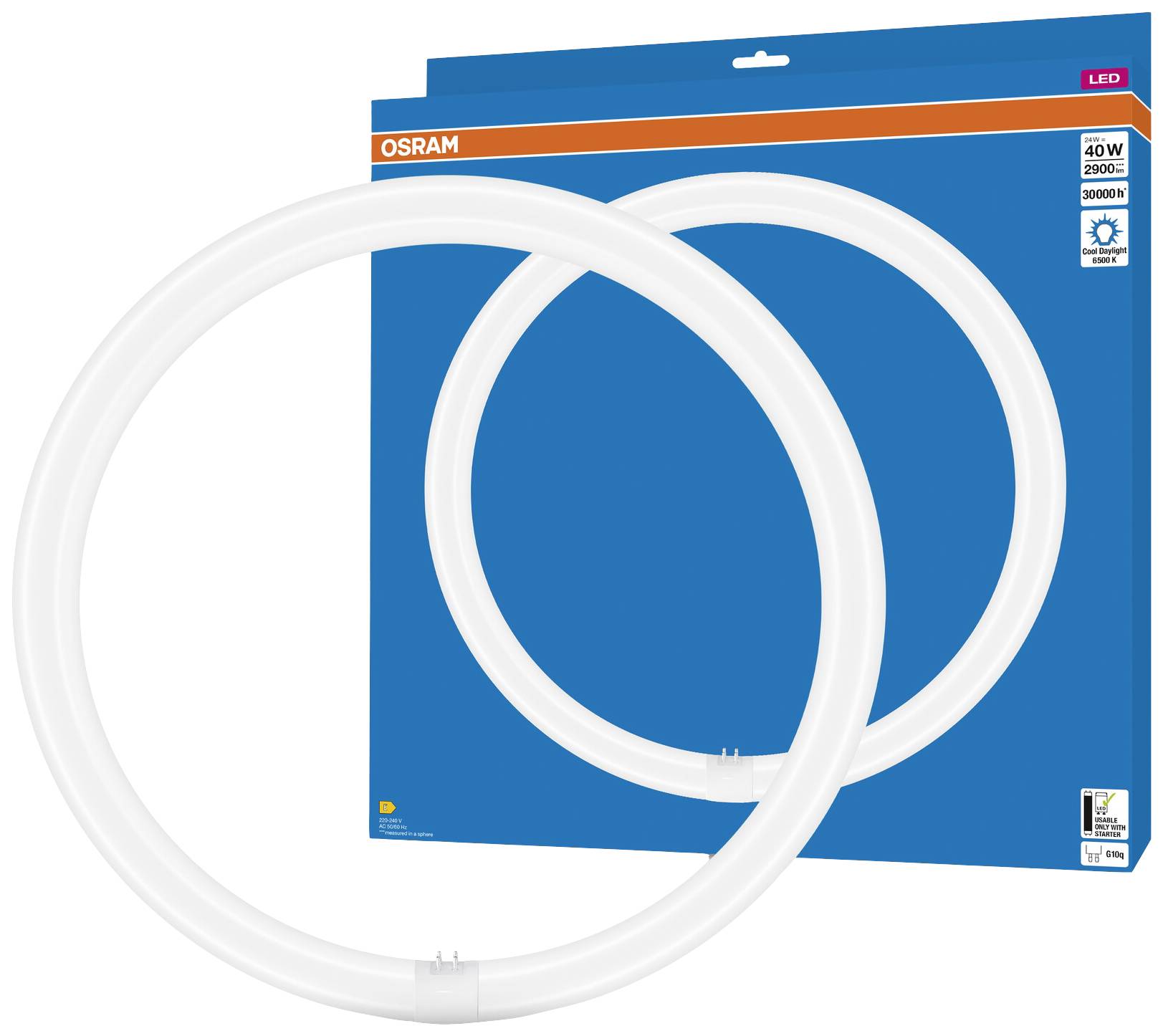 Two circular LED lights in front of a blue packaging with the inscription 'Osram'. Packaging details show 40W, 230V, 3000K.