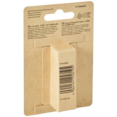 'Packaging for a Li-Ion battery, 3.6V/4900mAh, from Conrad Electronic SE. Contains safety and charging instructions as well as manufacturer's address.'
