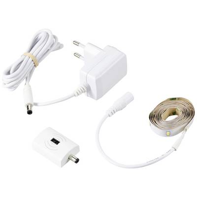 Power supply, remote control receiver, and LED light bar on a white background. Components of an LED lighting set.