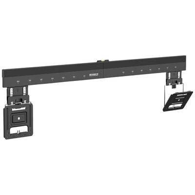 A black camera mounting system with multiple adjustable brackets and scales for precise alignment, including a spirit level.
