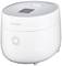 A white electric rice cooker with a digital display and multiple function buttons on the top surface.