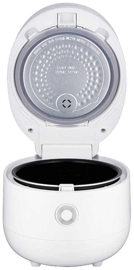 A white rice cooker with its lid open. Inside, there is space for the container. Minimalist design without visible controls.