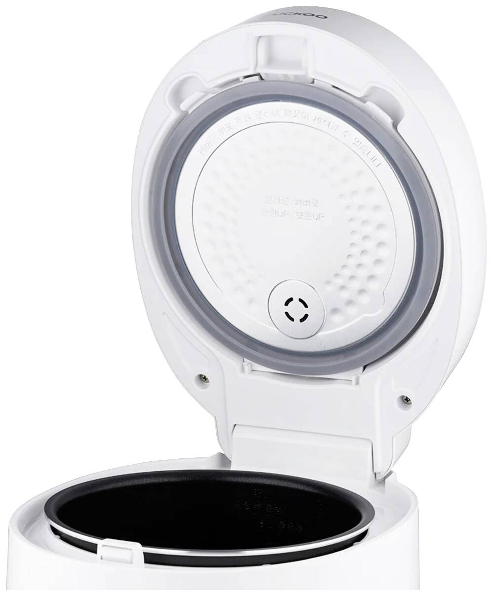 A white, open rice cooker. The inner pot is visible, with the lid raised. Suitable for household use.