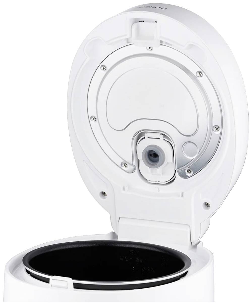 An open rice cooker with its interior visible and lid present.