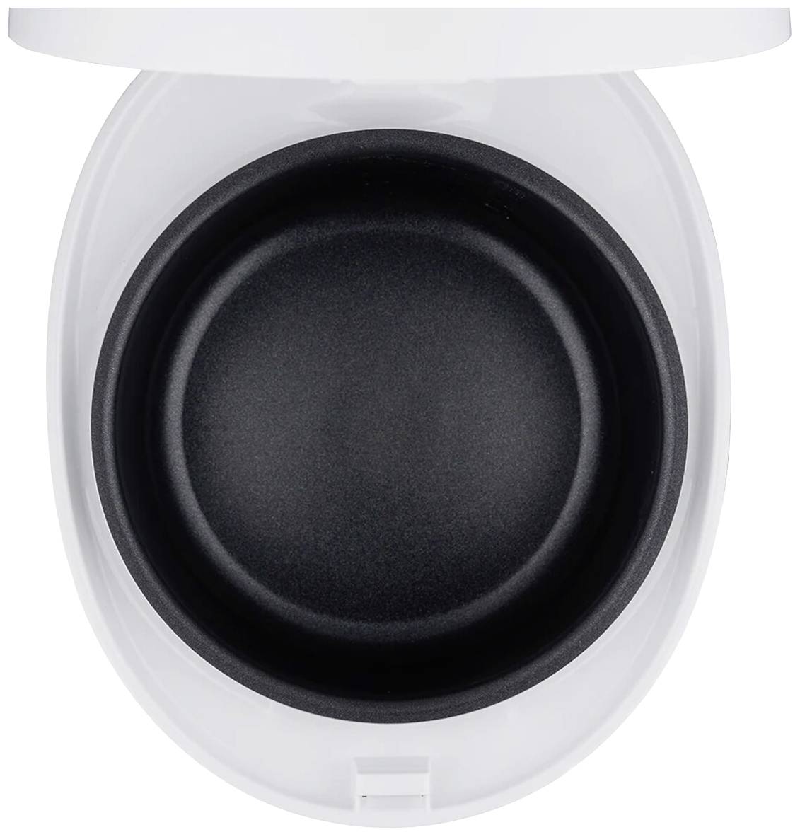 Open rice cooker viewed from above, showing an empty black pot inside a white casing.