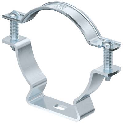 'Metal pipe clip with bolt for securing pipes to walls. Silver-coloured material with two screws for secure fastening.'