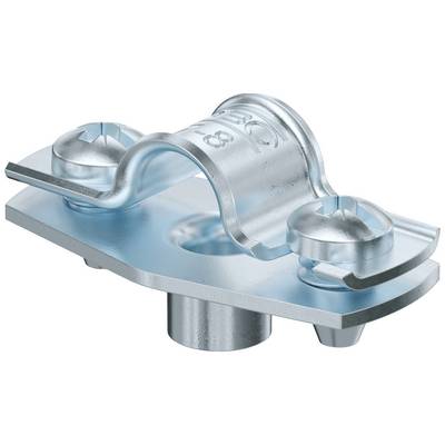 Metal clip with a conical base, two screws, and a curved mounting bracket. Possibly suitable for securing cables or pipes.