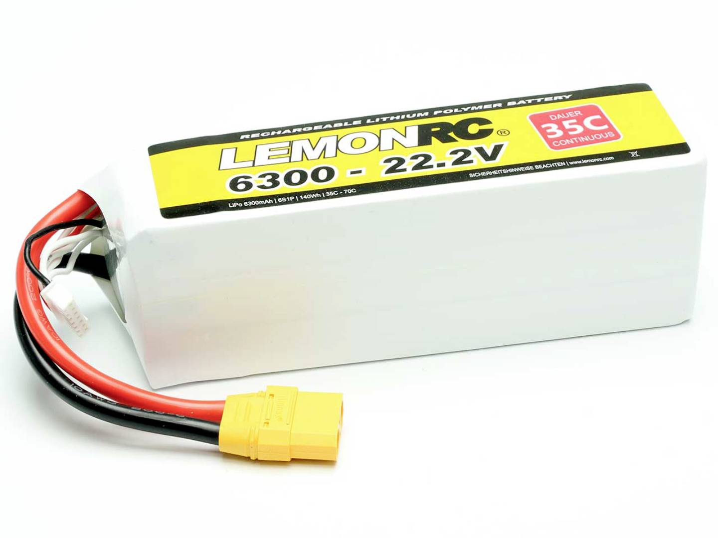 Lithium-Polymer battery with 'LEMON RC 6300 - 22.2V' inscription, including connectors and cables.