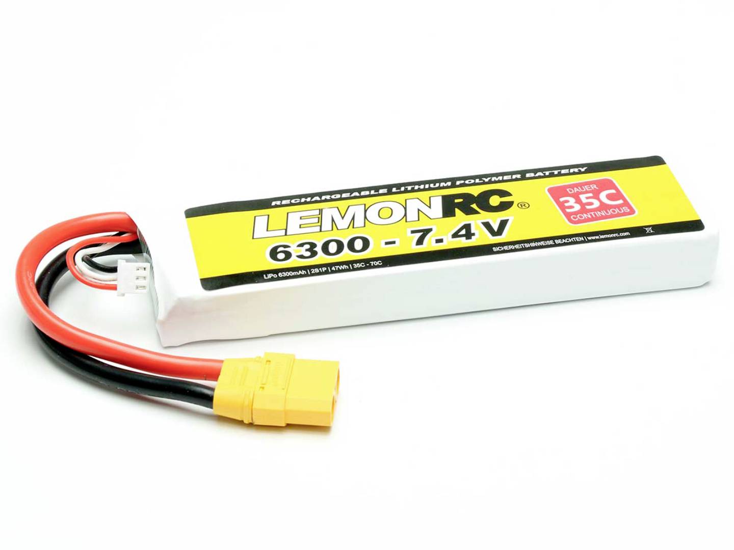 A rectangular battery with the label 'LEMON RC 6300 - 7.4V', indicates a nominal capacity of 6300mAh and a voltage of 7.4V.
