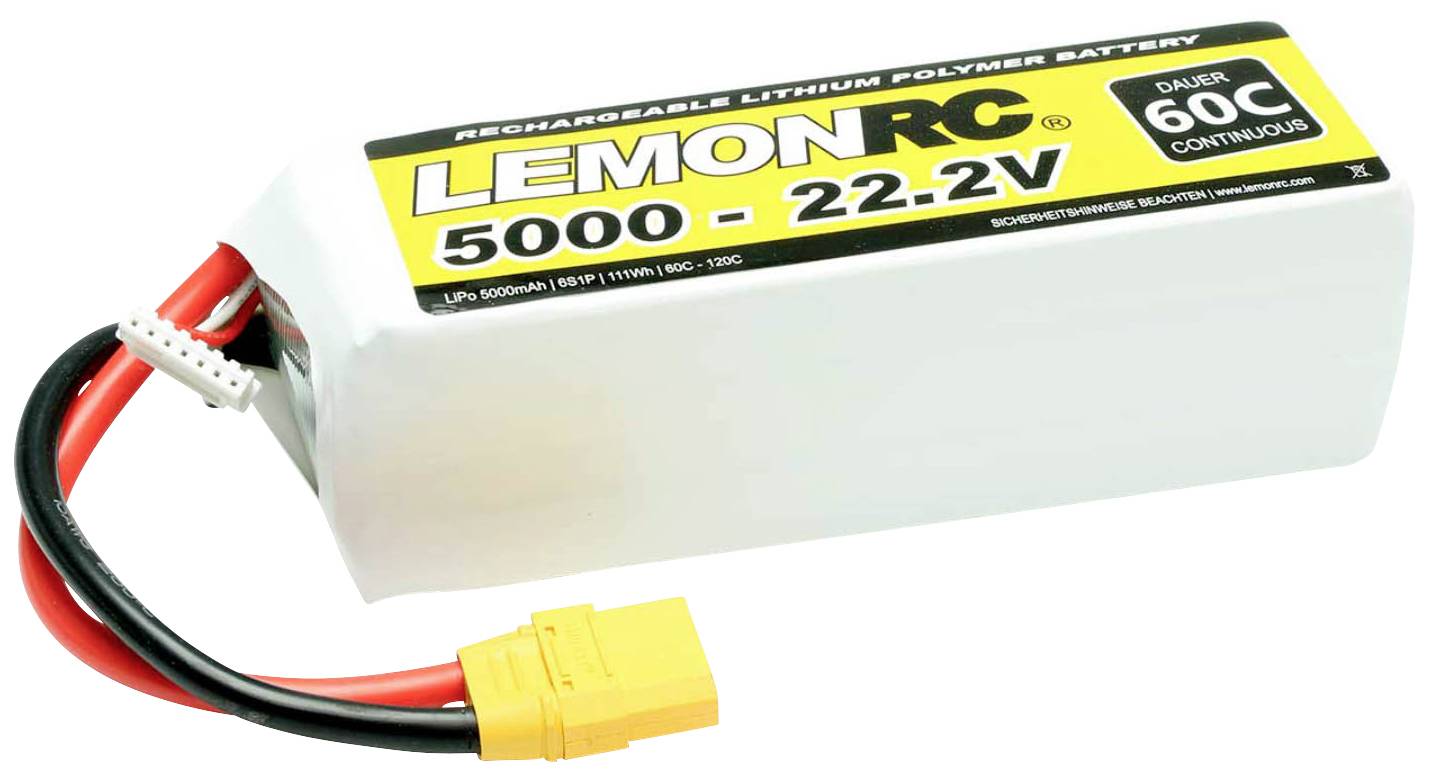 Rechargeable lithium polymer battery with the inscription 'LEMONRC 5000 - 22.2V', duration 60C, showing connection cable and plug.