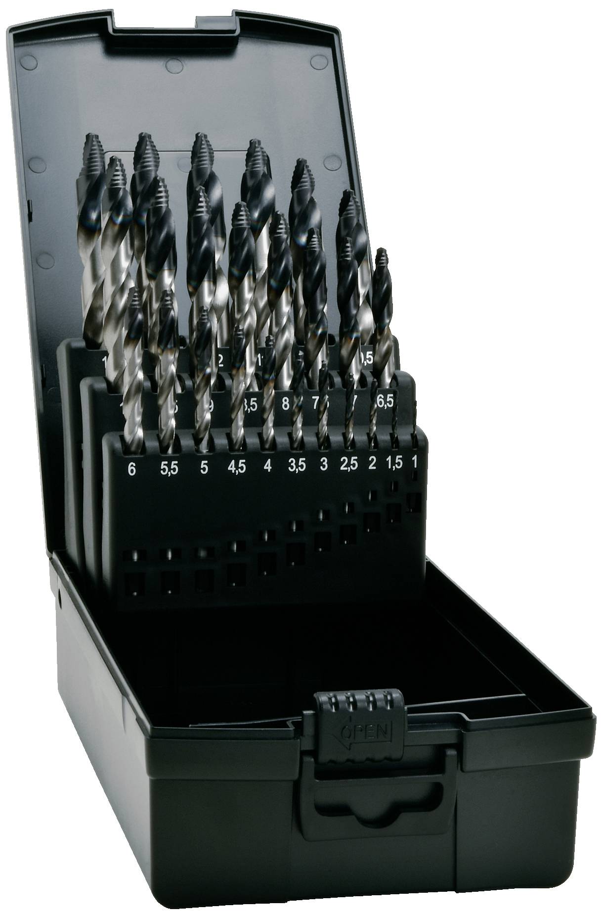 An open box containing spiral metal drill bits in various sizes ranging from 1.5 mm to 13 mm, neatly arranged.