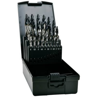 An open box containing spiral metal drill bits in various sizes ranging from 1.5 mm to 13 mm, neatly arranged.
