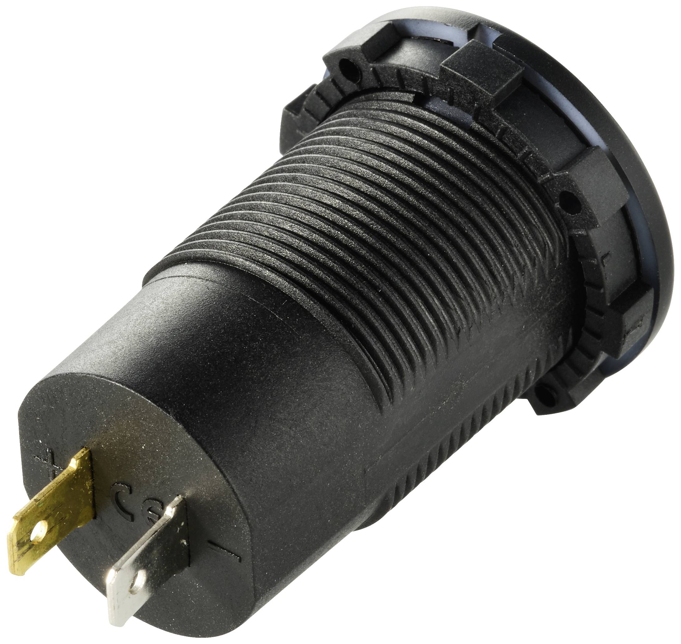 Black electric plug with two metal pins, suitable for automotive applications. Connection side shows two flat metal contacts.