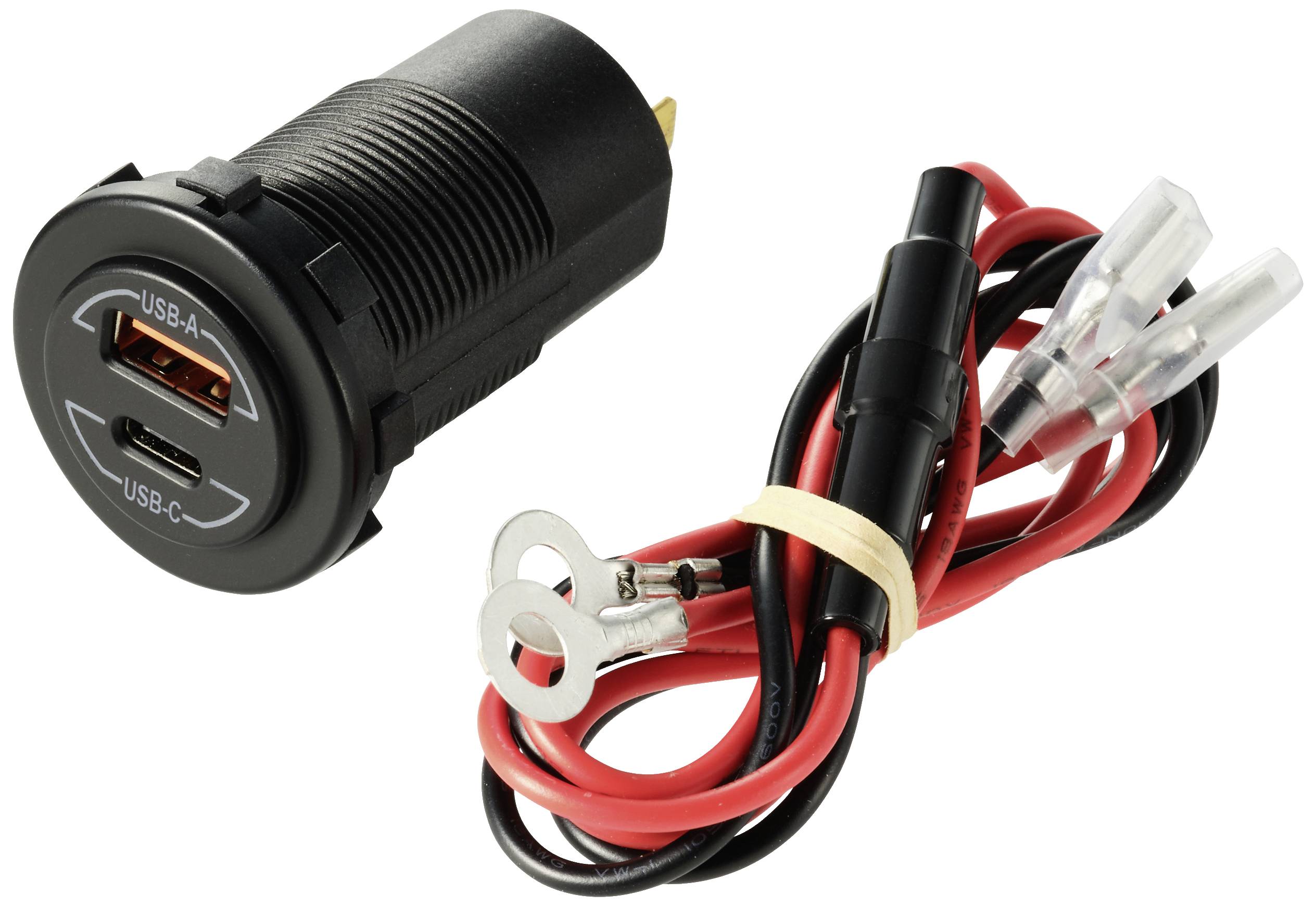 A USB charger with USB-A and USB-C ports, accompanied by a cable with ring cable lugs and connectors.