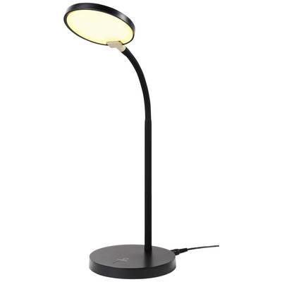 Black LED desk lamp with a flexible neck and an illuminated, round lampshade, connected to a power cable.
