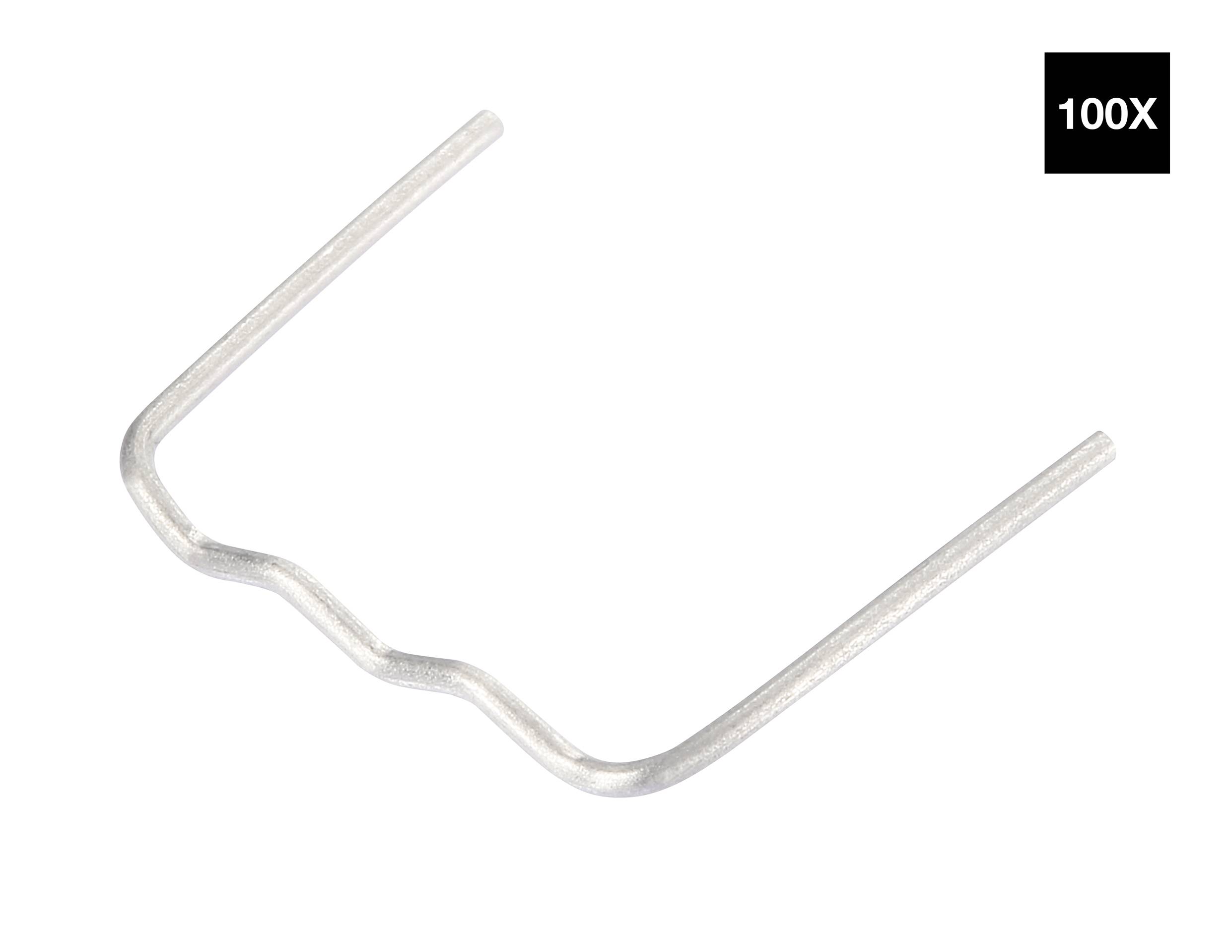 A silver U-shaped metal clip with a wavy central section, magnified 100 times. The clip is designed for plastic repair.