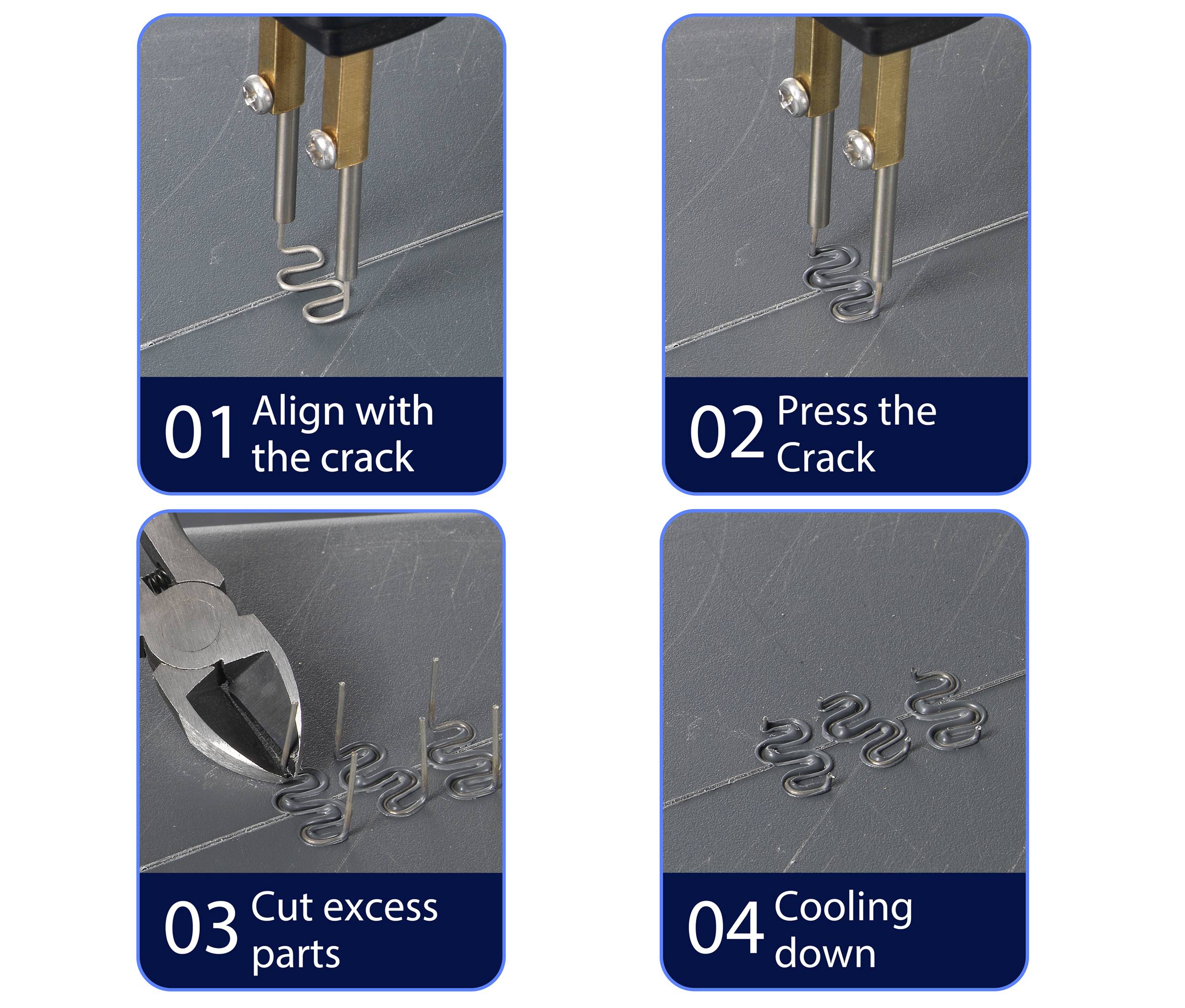 'Four-Step Guide to Repairing Cracks: 1. Align yourself with the crack. 2. Press together. 3. Cut off excess parts. 4. Allow to cool.'