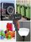 'Collage with four pictures: A black off-road vehicle with a secured spare tyre, green rubbish bins in a row, colourful toy blocks and figures, and a standard lamp with its light switched on.'