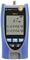 A cable tester with a digital display shows test results and network cable status. Blue and grey buttons for navigation and functions.