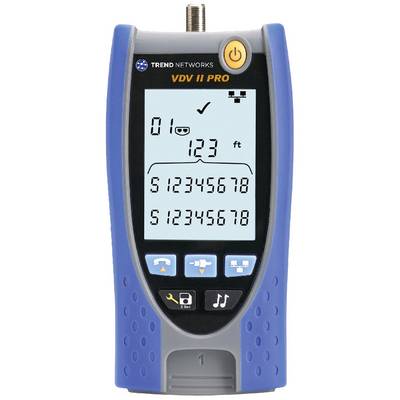 A cable tester with a display shows '123 ft'. The device has blue sides and several function buttons beneath the screen.