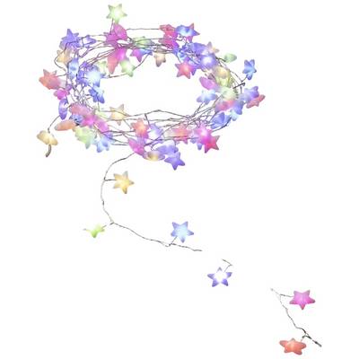 A string of fairy lights with colourful, star-shaped bulbs in pink, blue, green, and purple. They are decoratively coiled.