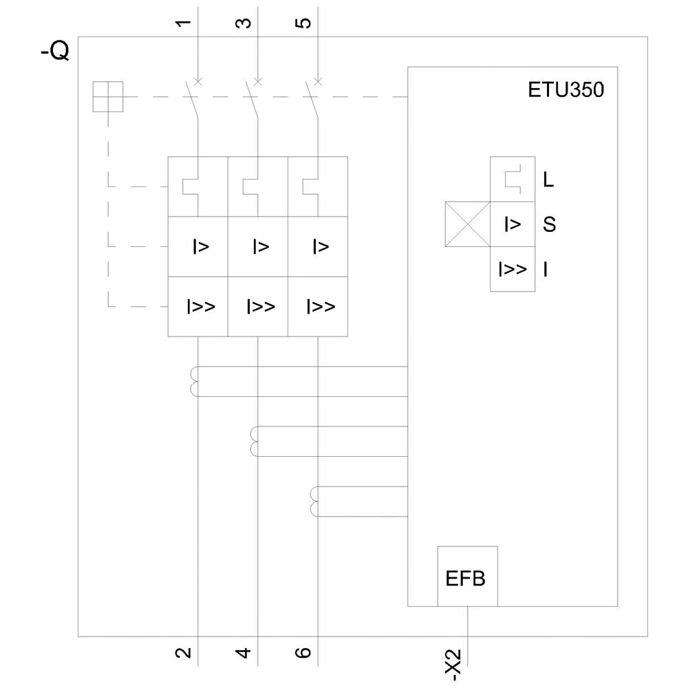 Circuit diagram shows an electrical switching device with ETU350. Connections are to terminals 1, 3, 5, 2, 4, 6. EFB and protection functions (L, S, I) integrated.