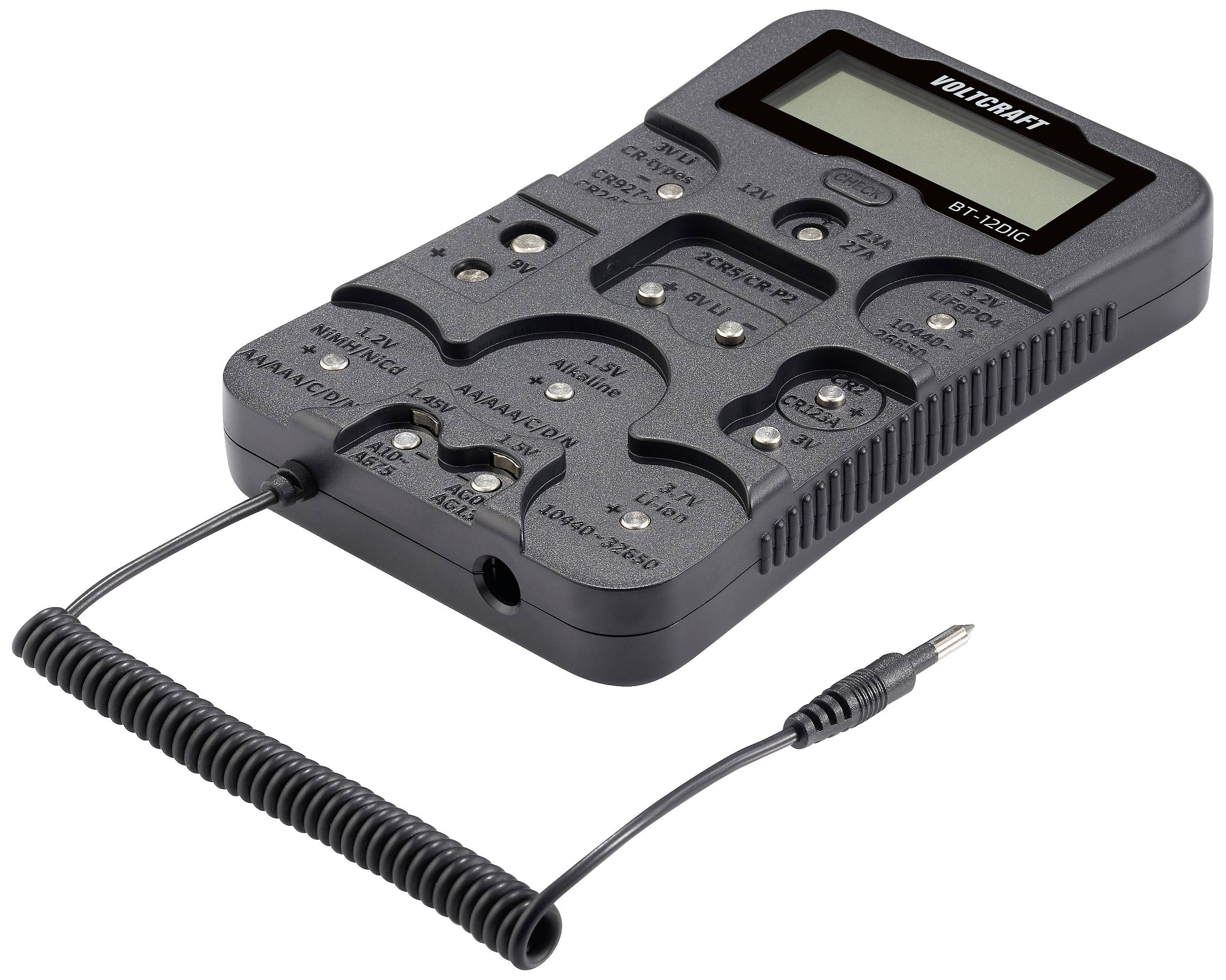 Voltcraft BT-1200C Battery Tester with LCD display and connections for various battery sizes. Measures charge level and capacity.