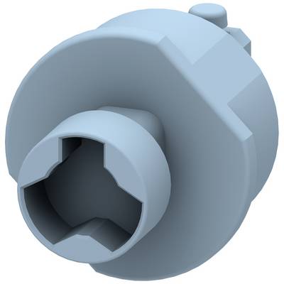 A round, blue plastic plug with a star-shaped hole in the centre, possibly used for a specific connection.